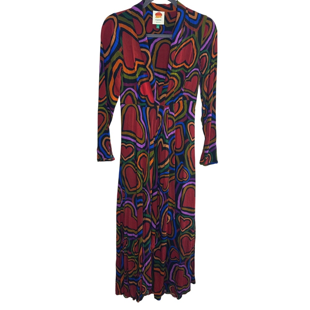 Farm Rio Rainbow Wild Hearts Maxi Dress‎ Heart Print V-Neck Long Sleeve Size XS - Picture 3 of 10